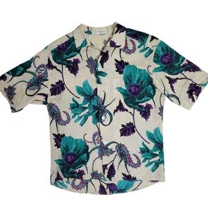 Vintage Byblos Italy Linen Floral‎ Shirt Men's Size 48 Short Sleeve Button Up